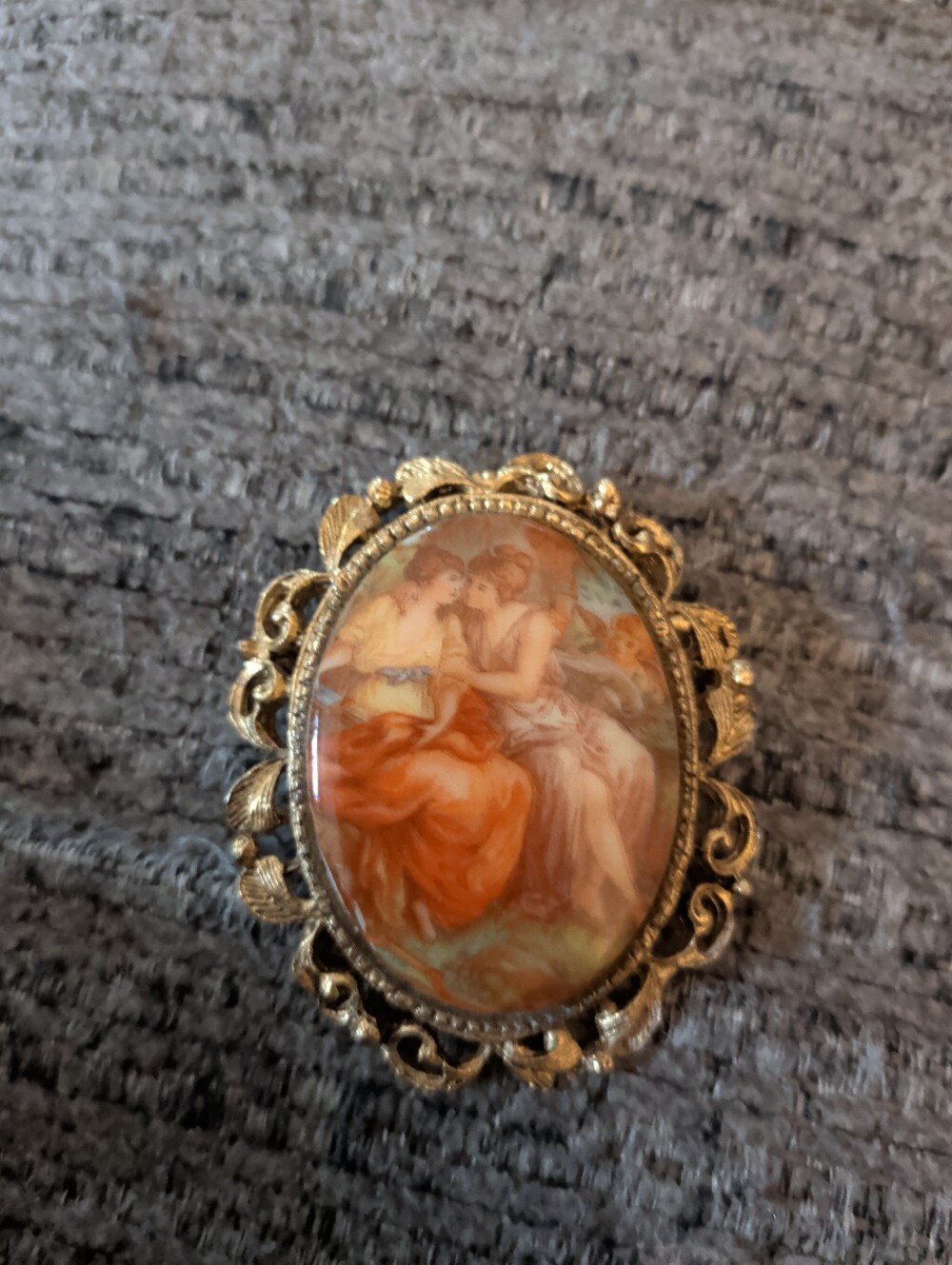 Ornate Gold Cameo Brooch in Orange and Cream Portrait